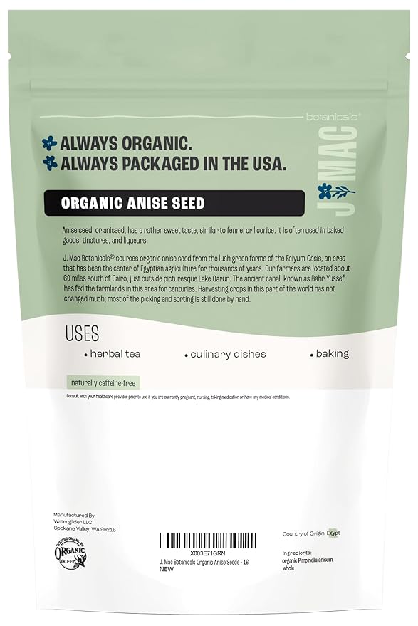 J Mac Botanicals Organic Anise Seeds (16 oz) whole seeds, aniseed, anise cookies, anise tea, anise