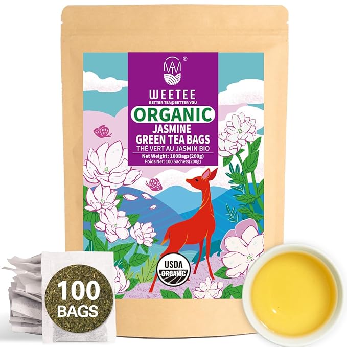 WT WEETEE Organic Jasmine Green Tea Bags, Organic Jasmine Scented Green Tea 100 Count, Refreshing &