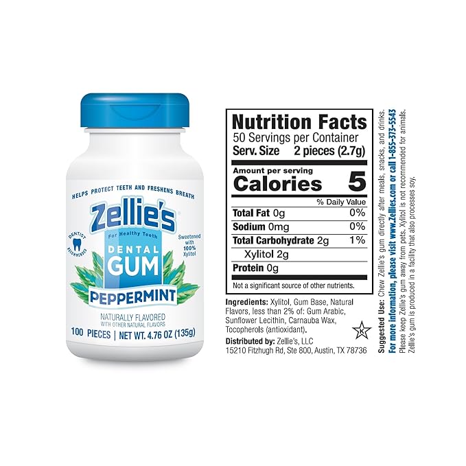 Zellie's | 100% Xylitol Peppermint Chewing Gum | No Aspartame, Gluten Free, Vegan & Kosher (100