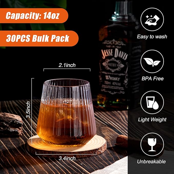 30 Pack Plastic Ribbed Wine Glasses, 14 OZ Origami Stemless Disposable Wine Champagne Whiskey