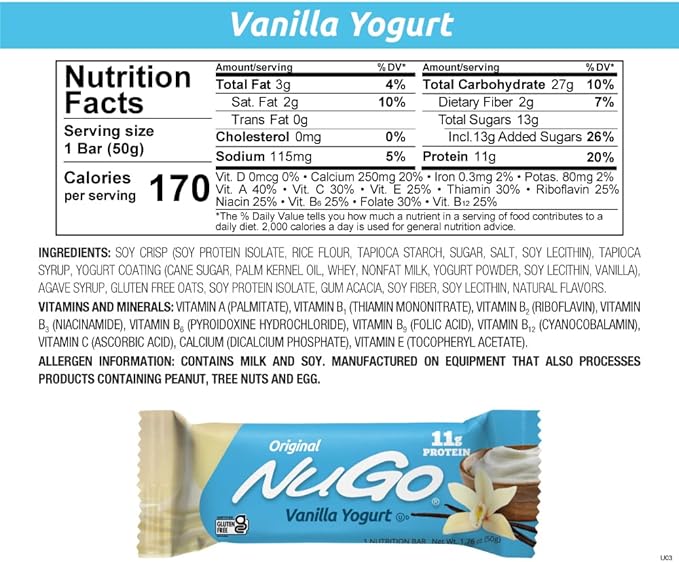 NuGo Original Variety, Vanilla Yogurt 15 bars & NEW! Churro 15 bars, 11g Protein, Gluten Free, 30