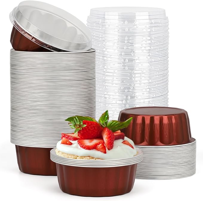 Beasea Disposable Ramekins for Baking, 8oz 100 Pack Aluminum Foil Cups with Lids, Creme Brulee