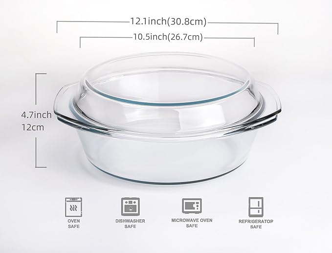 Round Tempered Glass Casserole Dish with Lid, Glass Casserole Baking Dish for Oven, Freezer and