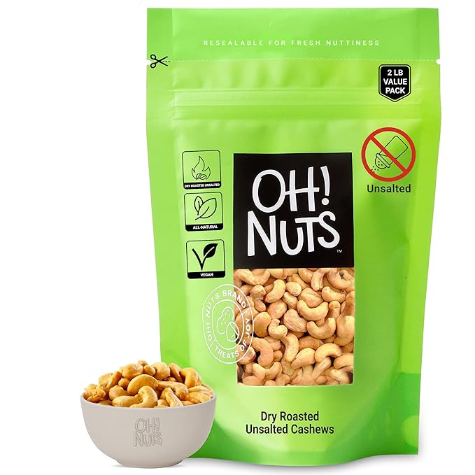 Oh! Nuts Cashews Roasted Unsalted - 2 lb - Dry Roasted Unsalted Cashews - Packed in New York