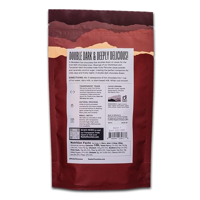 Raaka Double Dark Hot Chocolate Mix - Vegan, Organic, Gluten and Dairy Free - Lightly Sweetened