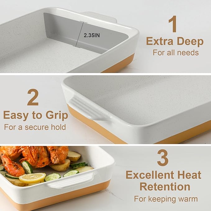 Ceramic Baking Casserole Dish with Handles, Large 9x13 inch Pan and Middle Baking Pan - Porcelain