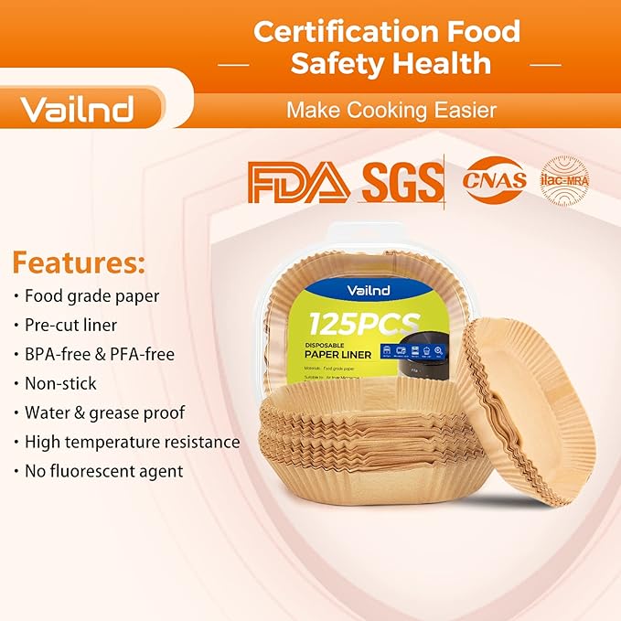 Vailnd 9inch Square Air Fryer Disposable Paper Liners, 125PCS Non-Stick Food Grade Air Fryer