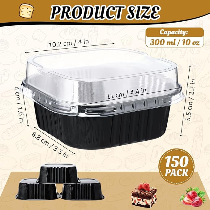 Aoriher 150 Pieces 10 oz Mini Cake Pans with Lids Aluminum Foil Baking Cups Square Disposable 4" x