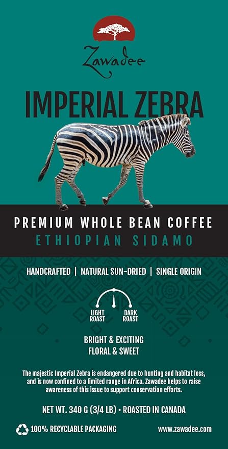 Whole Bean Coffee Imperial Zebra Ethiopian Sidamo 3/4 lb 340 grams