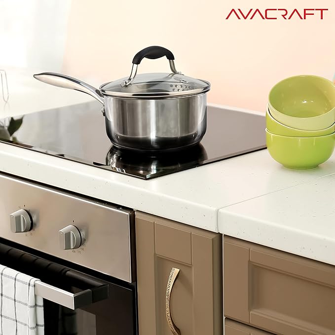 AVACRAFT Multipurpose Sauce Pan/Pot, Stainless Steel with Glass Strainer Lid, Two Side Spouts for