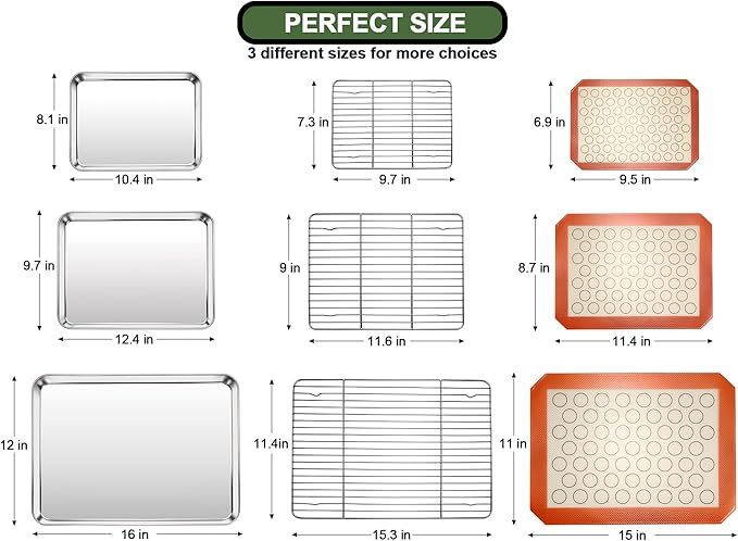 EWFEN Baking Set: Stainless Steel Sheet Pan with Cooling Rack & Silicone Mat Set, Multi-Size (3