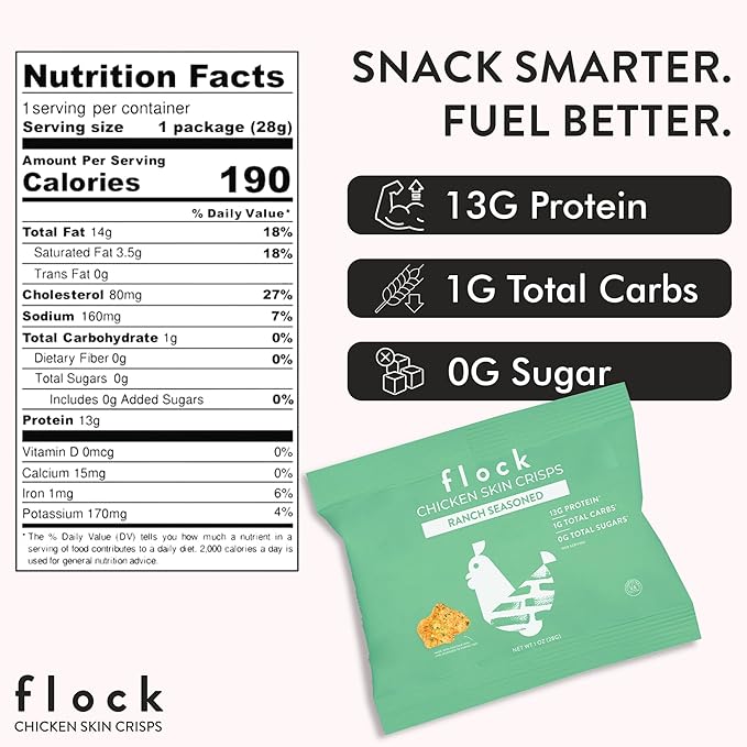 Flock Keto Chicken Skin Chips | Ranch Flavor | Low Carb, High Protein, Sugar Free, Gluten Free