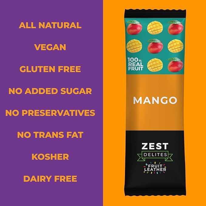 Fruit Snacks by Zest Delites, Fruit Leather, Dried Mango Bars, Healthy Snacks for Adults & Kids, No