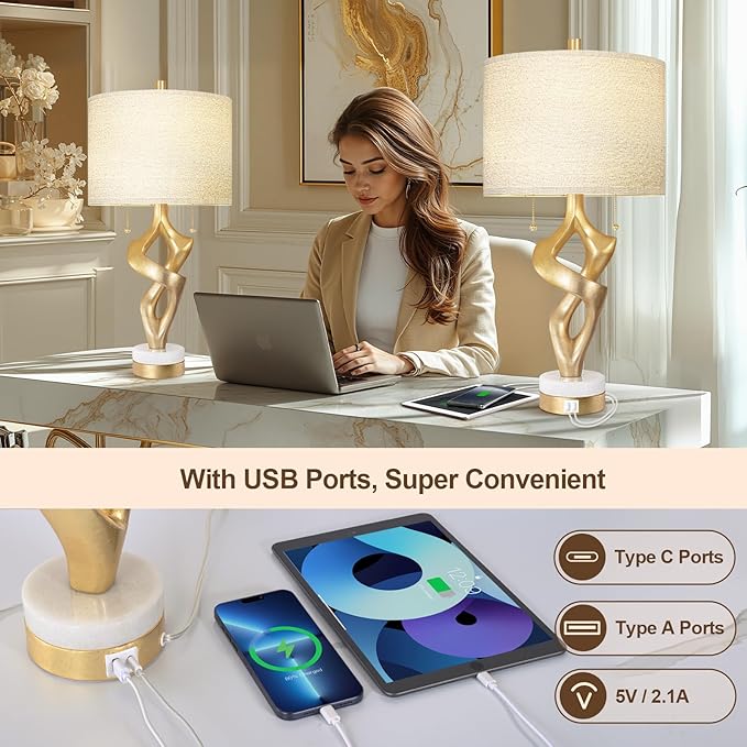 Scenekoy Sculptural Table Lamp Set of 2 with USB Ports for Bedroom Living Room, 26” Gold Leaf