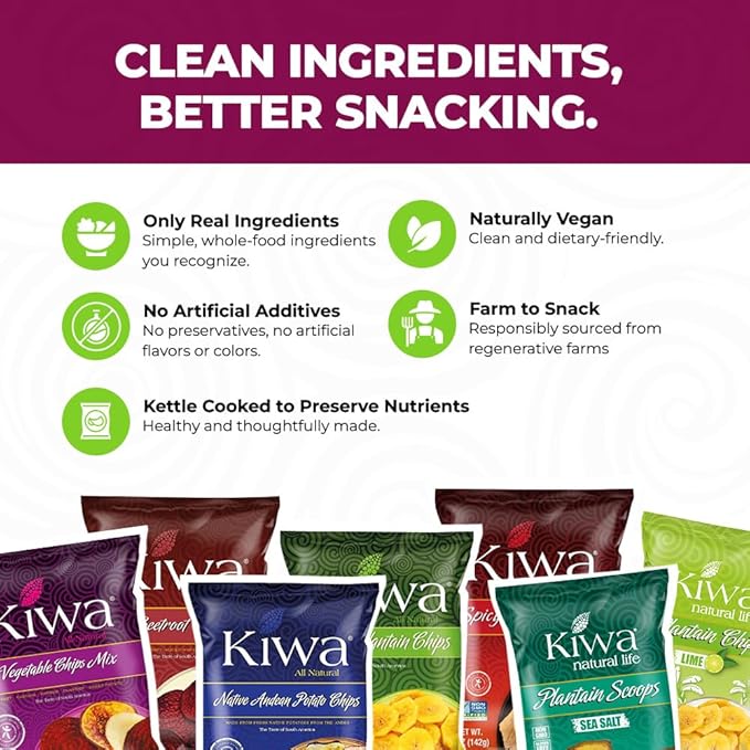 Kiwa Real Veggie Chips Healthy 2.5 Oz (Pack of 6) - Veggie Snacks with Plantain, Beet, Parsnip