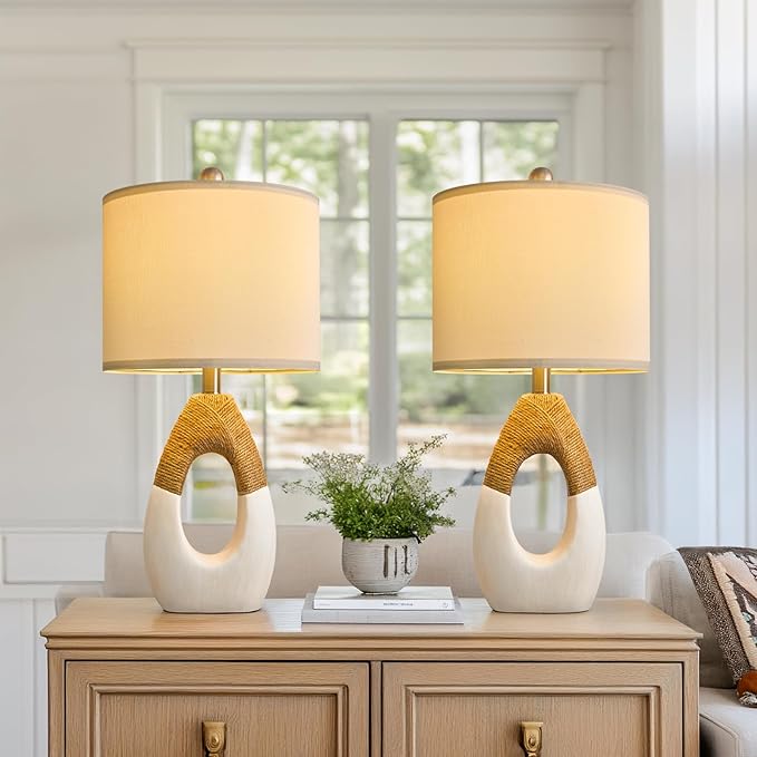 OYEARS 22” Boho Table Lamps for Bedroom Living Room Upgraded Set of 2 Medium Farmhouse Rattan Table