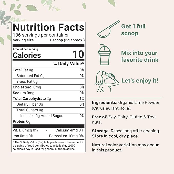Organic Freeze-Dried Lime Powder, 1.5lbs | Raw Lime Juice Flavor, Sugar Free Drink Mix, Rich in