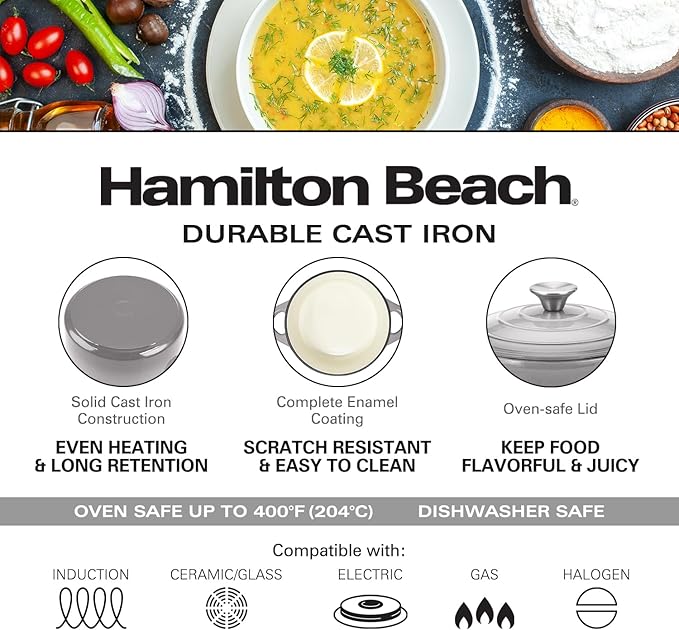 Hamilton Beach 3-Quart Enameled Cast Iron Dutch Oven with Lid | Cream Interior for Even Heat