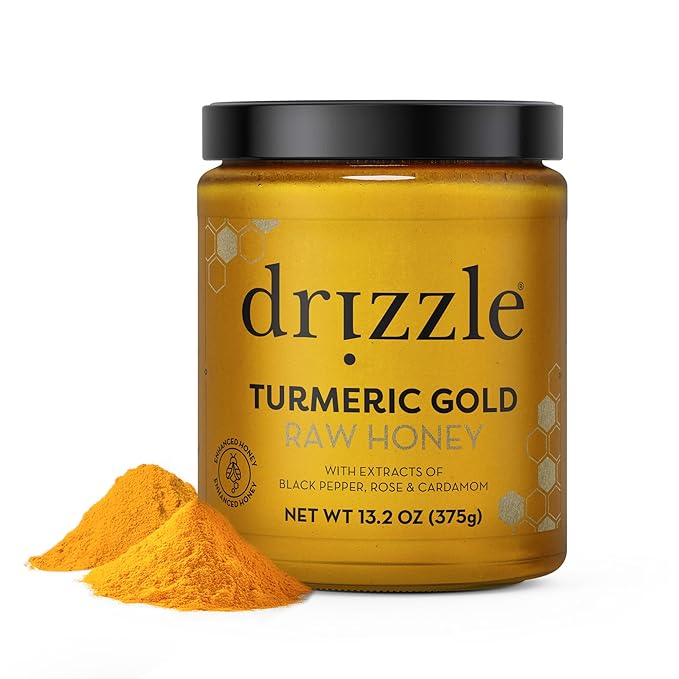 Drizzle Turmeric Gold Raw Honey - All Natural Pure Raw Honey with Organic Turmeric, Unfiltered, Use