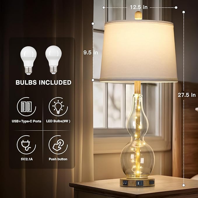 27.5" Clear Glass Table Lamp Set of 2 with Night Light,Bedside Lamps with USB Ports and AC Outlet