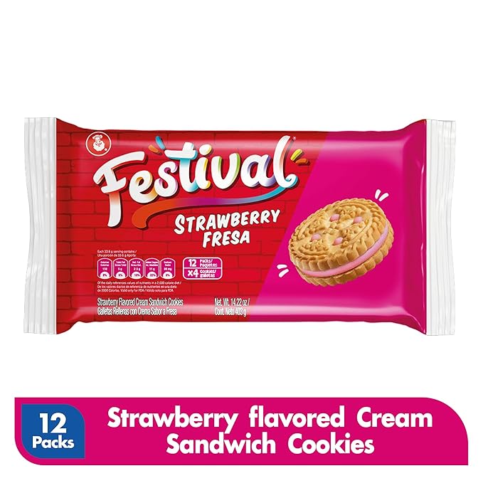 FESTIVAL Strawberry Cookies, Cream Strawberry Sandwich Cookies, Natural Dyes & Low Sodium, High