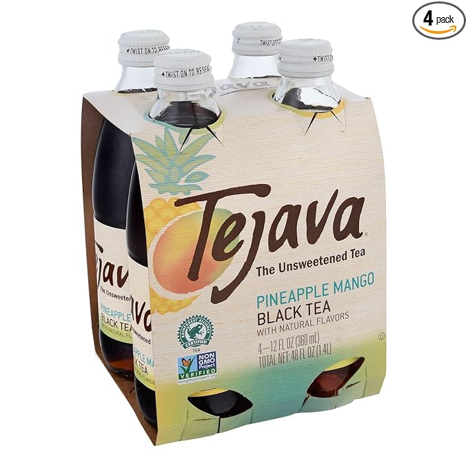 Tejava Pineapple Mango Black Iced Tea, 4 Pack, 12oz Glass Bottles, Unsweetened, Non-GMO, Kosher, No