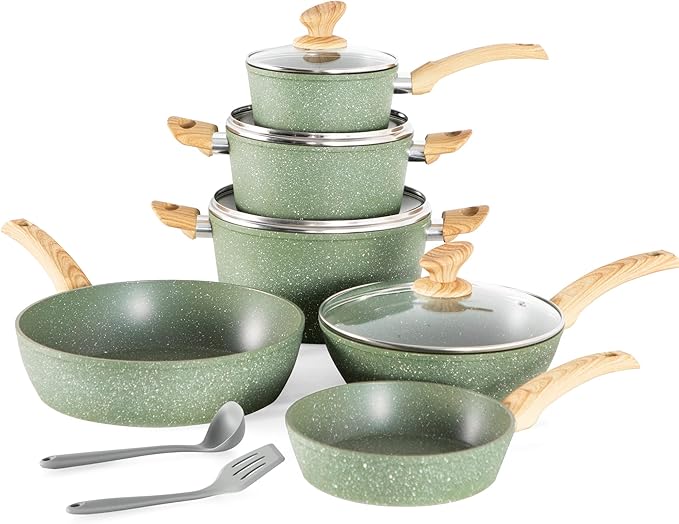 Kitchen Academy Non Toxic Pots and Pans Set Non Stick - 12 Piece Induction Cookware Sets, Green