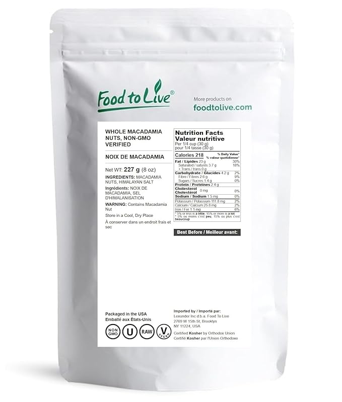 Food to Live Whole Macadamia Nuts, 8 Ounces – Non-GMO Verified, Raw, Unsalted, Unroasted, Keto