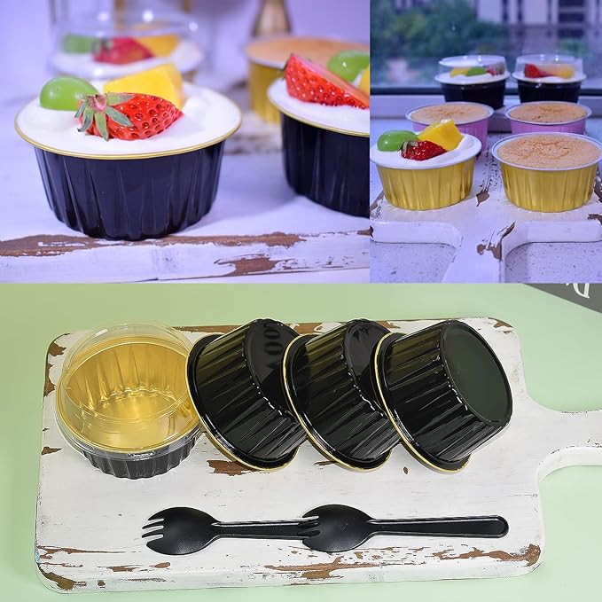 60 Pcs Mini Cake Pans with Lids,5oz Aluminum Foil Baking Cups Round Mini Disposable Ramekins 125ml