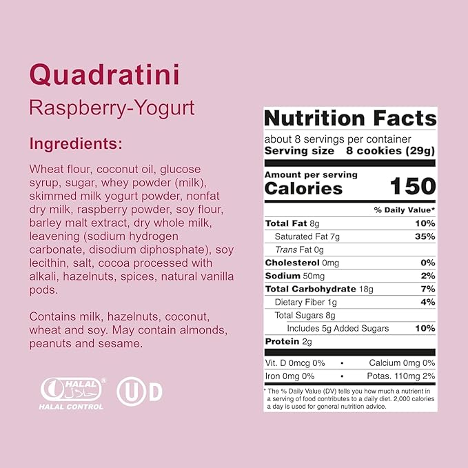 Loacker Quadratini Raspberry Yogurt Wafer Cookies LARGE - 30% Less Sugar - Premium Crispy Bite Size