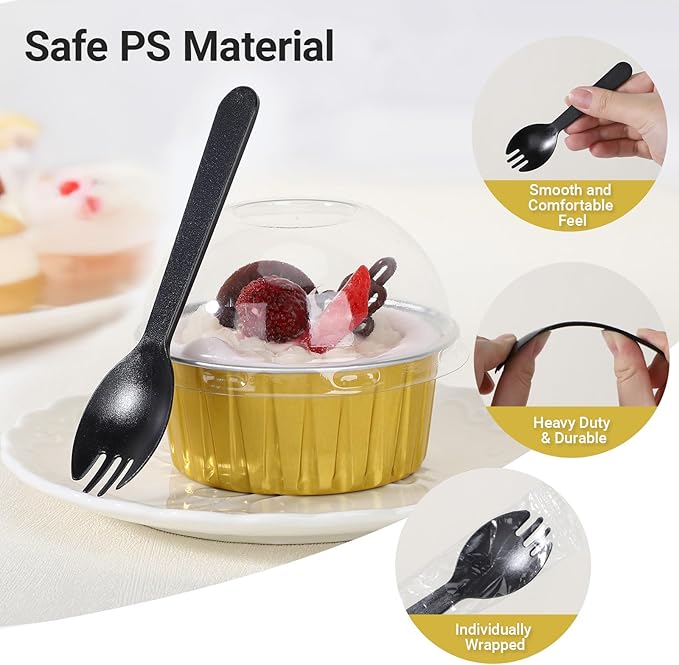 EUSOAR Gold Cupcake Liners with Individually Wrapped Sporks, 120pcs 5oz Disposable Foil Creme