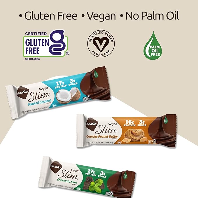 NuGo Slim Dark Chocolate Crunchy Peanut Butter, 17g Vegan Protein, 3g Sugar, 7g Fiber, 180