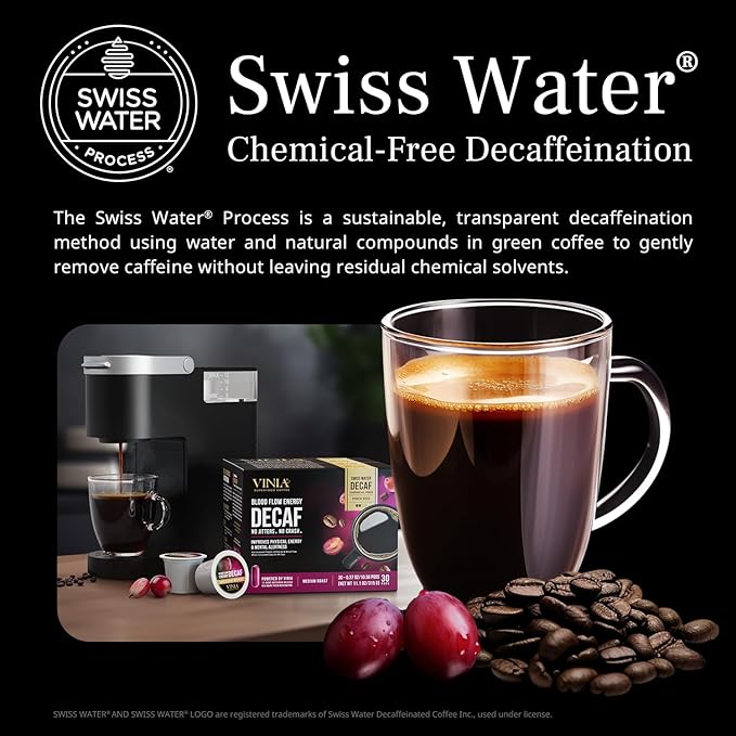 VINIA Blood Flow Energy Coffee DECAF - Medium Roast Superfood Coffee Pods, Swiss Water Process
