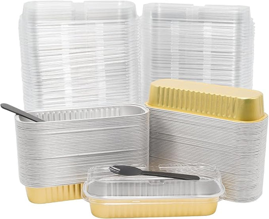 100 Pack 6.8oz Aluminum Cake Pans with Lids Rectangle Mini Loaf Pans Baking Cups Disposable Cupcake