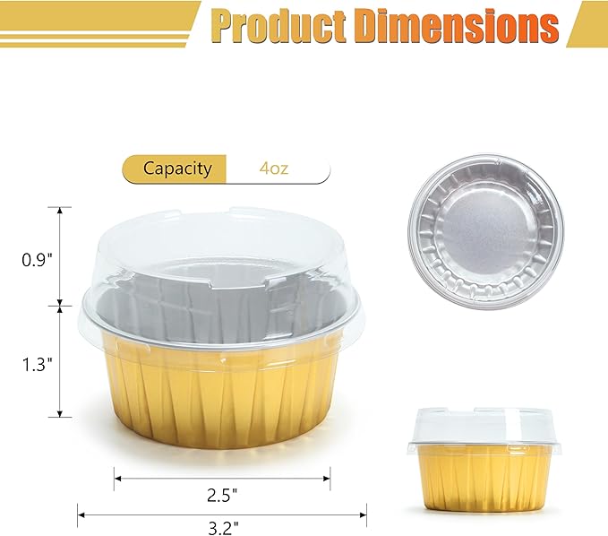 Aluminum Cups with Lids, 4.2oz 50Pcs Gold Disposable Cake Pans with Lids, Creme Brulee Cups, Mini