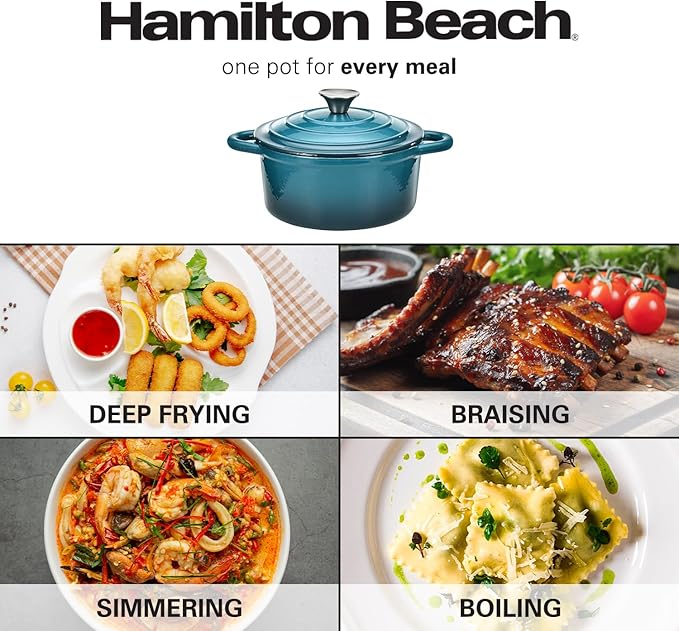 Hamilton Beach 3-Quart Enameled Cast Iron Dutch Oven, Navy with Cream Interior | Even Heat