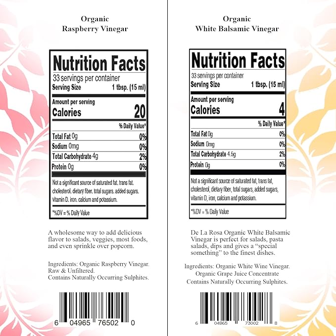 De La Rosa Organic Raspberry and White Balsamic Vinegar, Vegan, Kosher, Non-GMO & Gluten Free