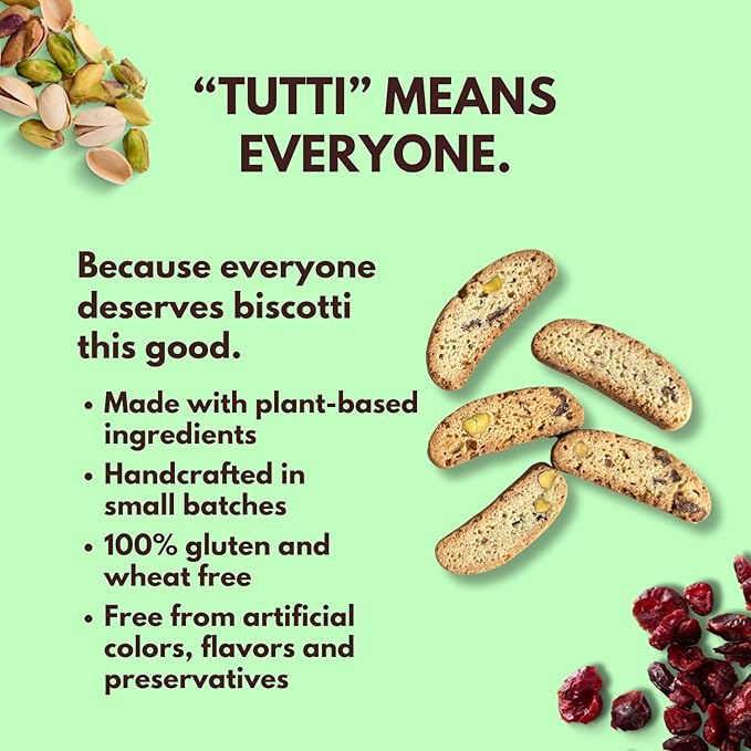 Tutti Gourmet Gluten Free Pistachio & Cranberry Biscotti, 9.9 oz (283g) Resealable Cookie Bag