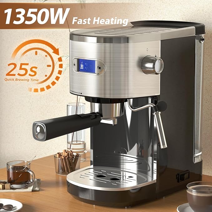 Espresso Machine 20 Bar, Professional Compact Stainless Steel Coffee Maker with LCD Display, Steam