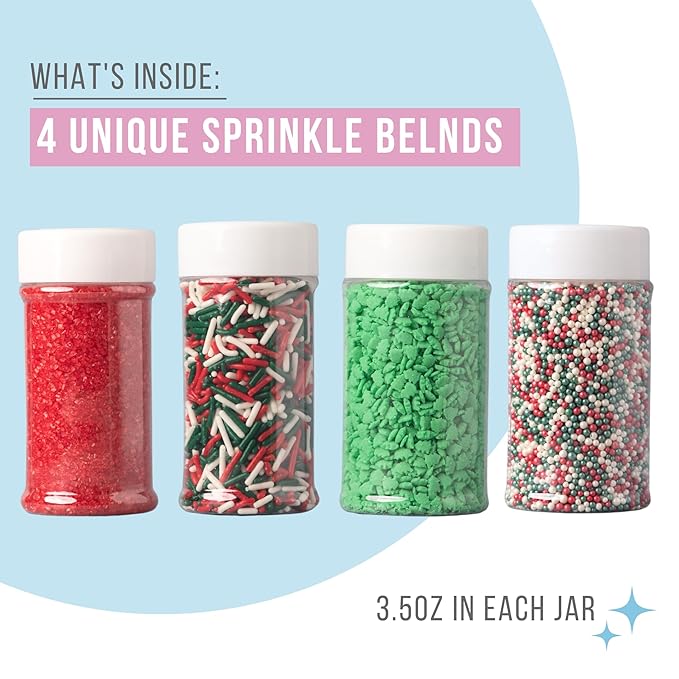 Sweets Indeed, Christmas Sprinkles, 4 Pack, Holiday Edible Sprinkle Mix, Perfect for Cake