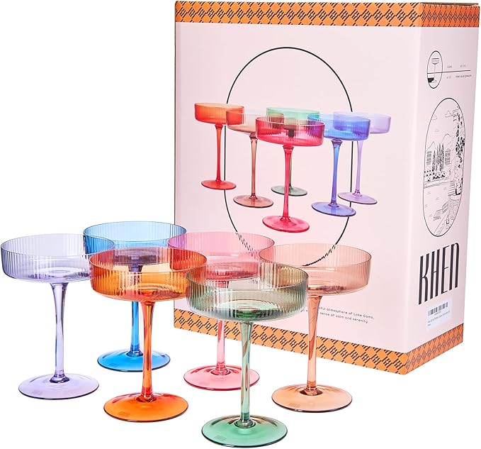 Khen Ribbed Vintage Art Deco Coupe Glasses - Martini, Champagne & Cocktail Ribbed Glasses 8oz |
