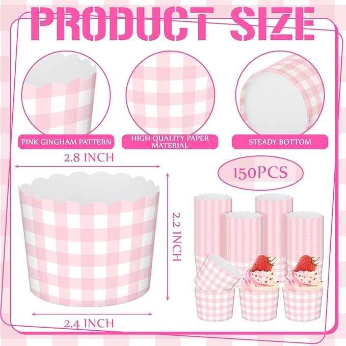 Vesici 150 Pcs Pink Gingham Ice Cream Cups 5oz Dessert Paper Bowls Gingham Scalloped Cupcake Cups