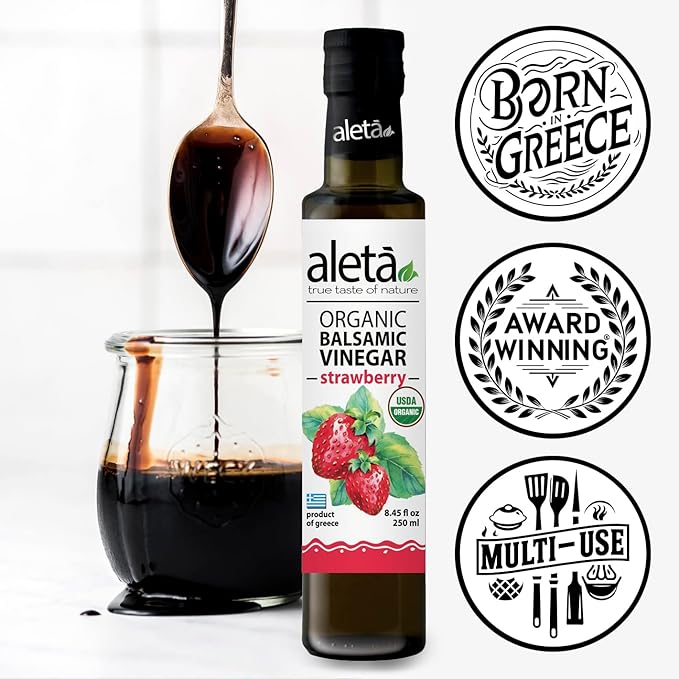 Aleta Farms Balsamic Vinegar, Greek Organic Strawberry Infused Aged Balsamic Vinegar, USDA Organic