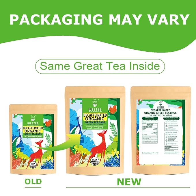 WT WEETEE Organic Decaf Green Tea Bags, Organic Green Tea 100 Count | CO2-Decaffeinated | Super