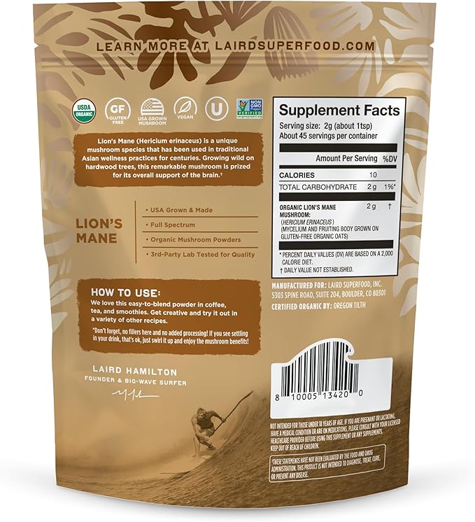 Laird Superfood Organic Lions Mane Mushroom Powder for Cognitive Function and Immune Support, 3.17