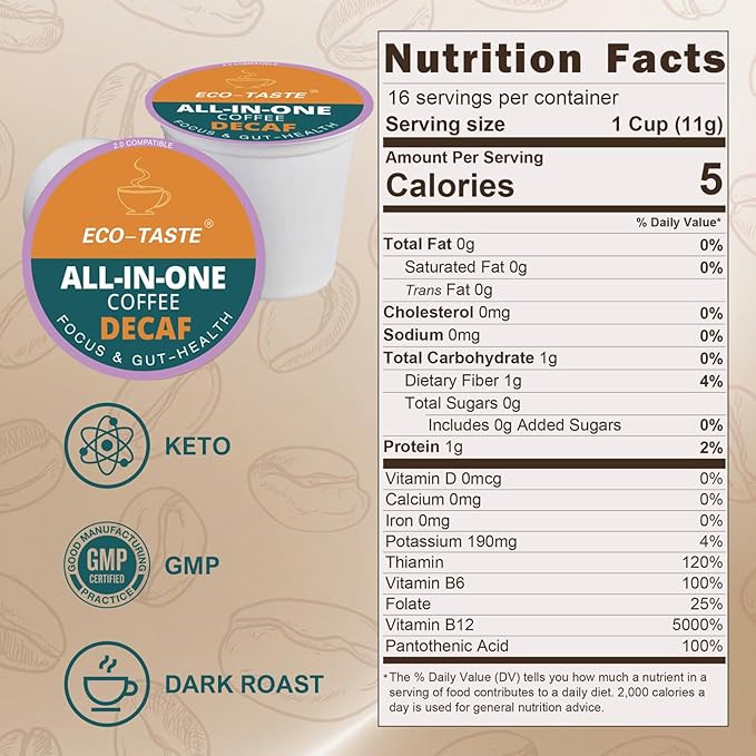 Decaf Mushroom Coffee K Cup – Focus & Gut-Health with 14-Mushrooms, Vitamins, L-Theanine and Alpha
