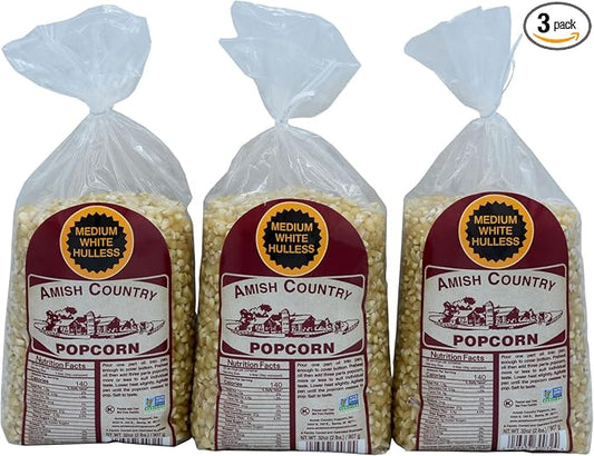 Amish Country Popcorn | 3-2 lb Bags | Medium White Popcorn Kernels | Old Fashioned, Non-GMO and