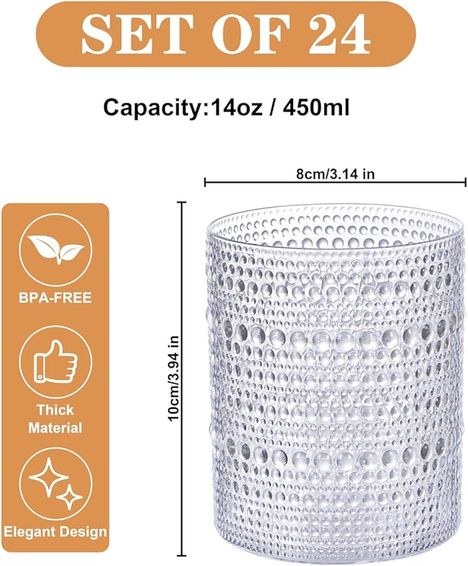 YOUBET 24PCS Plastic Hobnail Drinking Glasses - 14 Oz Clear Vintage Glasses Drinkware - Disposable