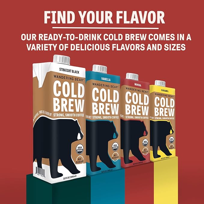 Wandering Bear Organic Mocha Cold Brew Coffee, 32 fl oz, 6 pack - Extra Strong, Bold, Smooth