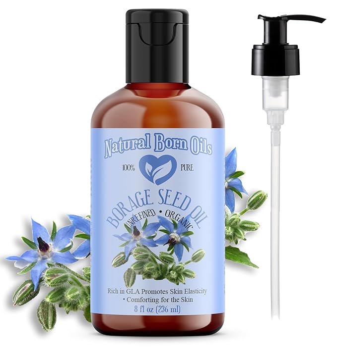 Natural Born Oils Borage Seed Oil, 8oz, Organic, Cold-Pressed, Carrier Oil, Omega-6 Rich, Skin